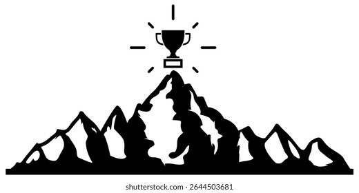 Troféu no topo do vetor conceito de vitória de montanha, simbolizando a realização final e desafios de conquista. Ideal para histórias de sucesso, triunfo pessoal, metas comerciais ou desempenho máximo.