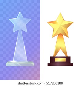 Trophy. Two awards. Glass and golden rewards. Shiny, glossy prize with star on top and offshoots. Little brown basement. Glass star prize on transparent background. Flat design. Vector illustration