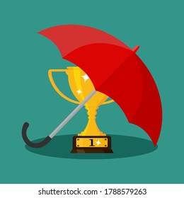 The trophy is under an umbrella. The concept of protecting a champion. vector illustration