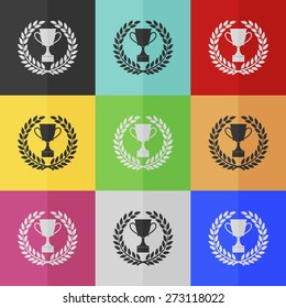 Trophy vector icon in Laurel Wreath - colored set. Flat design