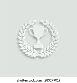 trophy vector icon in laurel wreath - paper illustration