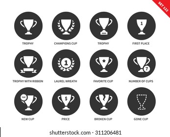 Trophy vector icons set. Prises and award items. Achievement concept, diiferent trophies, champions cup, first place, ribbon, favorite cup and broken cup. Isolated on white background