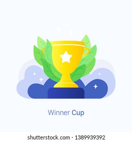 Trophy winner gold cup. Reward program. Trendy flat style. Vector illustration.