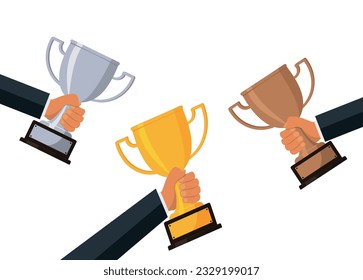 Trofeo por ganador. manos sosteniendo la copa de ganadores de plata de oro y bronce. ilustración vectorial sobre fondo azul en estilo plano