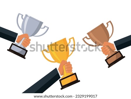 Trophy for winner. hands holding gold silver and bronze winners cup. vector illustration on blue background in flat style