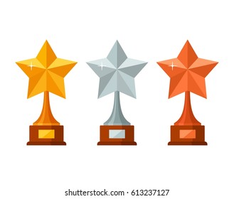 Trophy winner stars with wooden base isolated on white background. Gold, silver and bronze prize award icon vector illustration