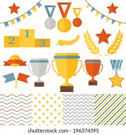 Trophy and winners icons set. Set includes cup, medals, honorary star pedestal, crown, flags, seamless patterns.