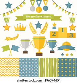 Trophy and winners icons set. Set includes cup, medals, honorary star pedestal, crown, flags, seamless patterns.