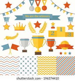 Trophy and winners icons set. Set includes cup, medals, honorary star pedestal, crown, flags, seamless patterns.