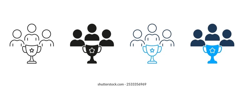 Troféu para os Vencedores Team Line e Silhouette Icon Set. Cálice, Taça do Prêmio de Sucesso Pictograma de Campeão. Símbolo de Concorrência Win. Sinal de Líder de Funcionário. Traço editável. Ilustração de vetor isolada.