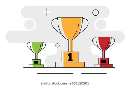 Trophy Winning Cups Linie Art Flat Style Isolated on White. Sieg in einem Sport oder intellektuellen Wettbewerb Vektorkunst