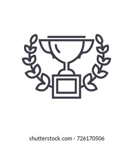 trophy with wreath vector line icon, sign, illustration on background, editable strokes