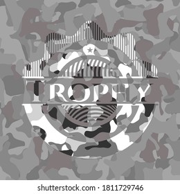 Trophy written on a grey camouflage texture 