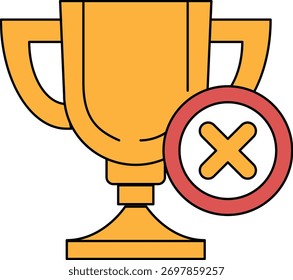 A trophy with an X on it. The trophy is yellow and the X is red