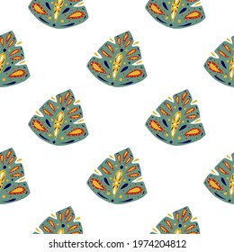 Tropic abstract folk monstera leaf ornament seamless pattern. Isolated exotic foliage backdrop. Designed for fabric design, textile print, wrapping, cover. Vector illustration.