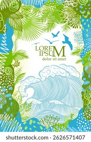 Tropic background frame sea and palm trees. hand drawn. Not AI, Vector illustration.
