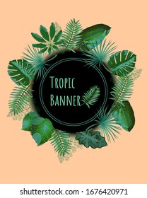 Tropic banner, text area with green tropical leaves frame on colorful background. Exotic botanical design. Flat style. Vector illustration. 