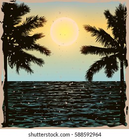 Tropic beach with palms and sun over sea. Exotic vintage pattern for posters, textile print, t-shirts.