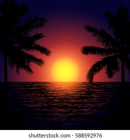 Tropic beach with palms and sunsset in sea. Exotic night for poster, textile print.