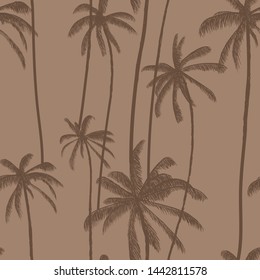 Tropic beach palms tree seamless pattern. Summer light brown  hand drawn summer texture. Vector illustration for swimwear textiles.
