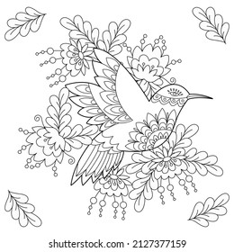 Tropic bird in flowers. Contour linear illustration for colouring book and anti stress pictures. Line art design for  coloring page.