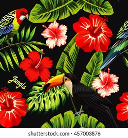 Tropic bird toucan and multicolor parrot on the background of palm banana leaf, red and white exotic hibiscus flowers with slogan jungle. Print summer floral plant wallpaper. Seamless vector pattern