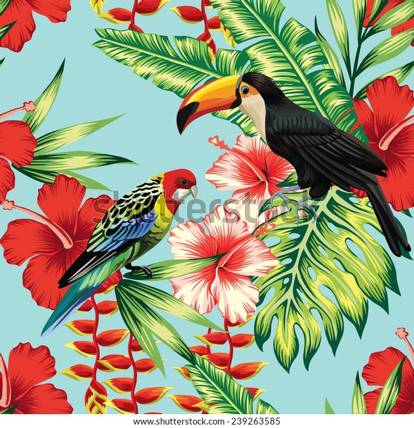 エキゾチックな花のハイビスカスとヤシの葉の背景に熱帯の鳥ツーカンと多彩色のオウム 夏の花柄を印刷する 自然の動物の壁紙 シームレスなベクター画像パターン のベクター画像素材 ロイヤリティフリー