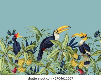 Frontera de Vector de aves tropicales con exóticos bucerótidos follaje tropical selva botánica ilustración de diseño decorativo.