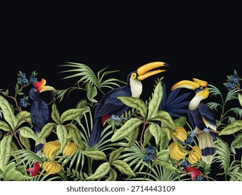 Tropic birds vector border with exotic hornbills tropical foliage botanical jungle decorative design illustration.