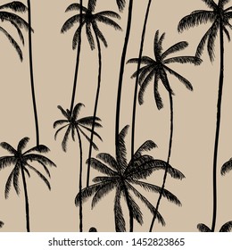 Tropic black trees seamless pattern. Natural soft beige  hand drawn summer texture. Vector illustration for swimwear textiles.