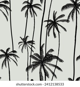 Tropic black trees seamless pattern. Abstract light grey hand drawn summer texture. Vector illustration for swimwear textiles.