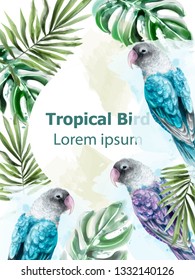 Tropic card watercolor Vector with colorful parrot birds and palm leaves