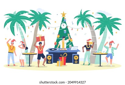 Tropic Christmas party, flat vector illustration. Happy people in Santa hats drinking cocktail and dancing to dj music on beach. New Year celebration, tropical winter vacation.