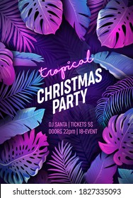 Tropic Christmas Party Neon Flyer, Vibrant Vector Summer Holiday Poster, Disco monstera palm leaves design, winter beach holidays, New Year tropical background, Paradise purple template illustration