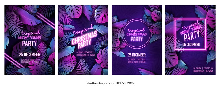 Tropic Christmas Party Neon Flyer Set, Vibrant Vector New Year Holiday Poster. Disco Monstera Palm Leaves Design, Winter Beach Holidays Tropical Background. Paradise Purple Template Illustration