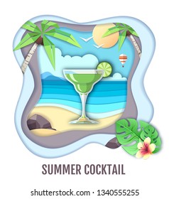 Tropic cocktail on sea beach landscape. Paper cut out art style design