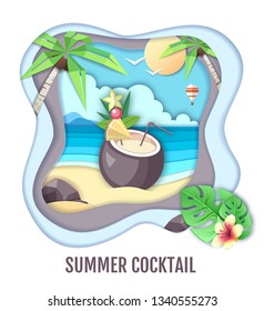 Tropic cocktail on sea beach landscape. Paper cut out art style design
