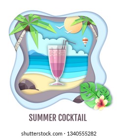 Tropic cocktail on sea beach landscape. Paper cut out art style design