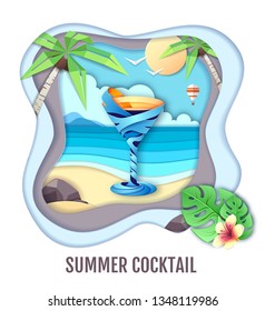 Tropic cocktail on sea beach landscape. Paper cut out art style design