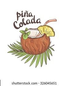 Tropic coconut cocktail. Vector Hand drawn illustration