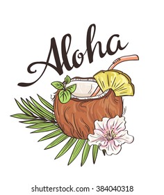 Tropic coconut cocktail. Vector Hand drawn illustration. Aloha background