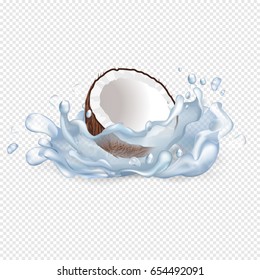 Tropic Coconut in drops of clean water with big splashes isolated realistic vector illustration on transparent background.