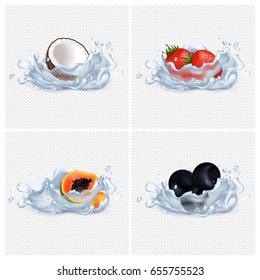 Tropic coconut, fresh strawberries, sweet papaya and blackberry or black currant in water isolated vector illustrations on transparent background.