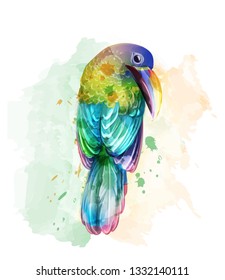 Tropic colorful parrot bird Vector watercolor. Cute bird illustration. blue colors splash