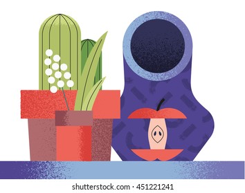 Tropic composition / still life / summer time / vector illustration with noise texture / trendy flat style / apple and plants