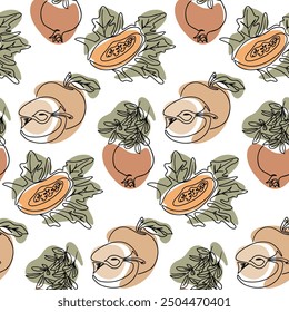 Tropic contour seamless pattern with contour drawing of organic tropical fruits. Botanical drawings. Vegan food concept isolated on white background in boho style