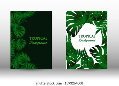 Tropic covers set.  Colorful tropical leaves patterns. Summer graphic background. Modern Front Page in Vector