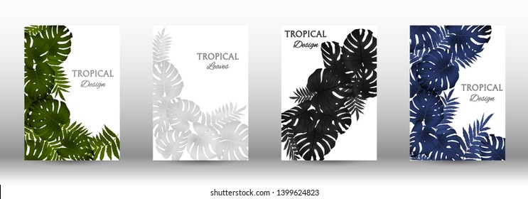 Tropic covers set.  Colorful tropical leaves patterns. Exotic botanical design. Modern Front Page in Vector