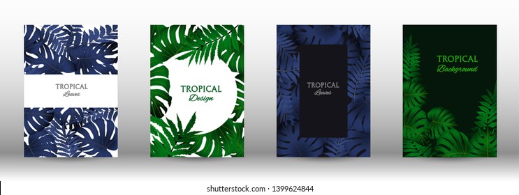 Tropic covers set.  Colorful tropical leaves patterns. Summer graphic background. Modern Front Page in Vector