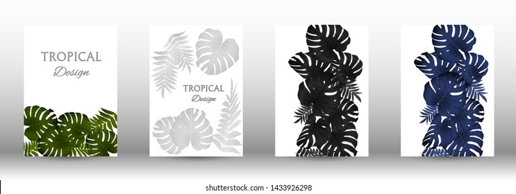 Tropic covers set.  Colorful tropical leaves patterns. Summer graphic background. Modern Front Page in Vector